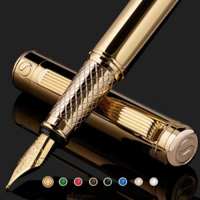 Afbeelding van Scriveiner Vulpen gouden pen met 24 karaat afwerking, Schmidt veer 18 kt (fijn), ideaal voor dames en heren, professioneel, manager, kantoor, mooie