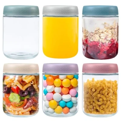Afbeelding van VORHOT Overnight Oats Set van 6 glazen dozen 480 ml met lekvrij schroefdeksel, stapelbaar mueslideksel voor yoghurt, salade, pudding, jam