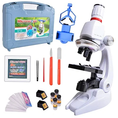 Afbeelding van ALEENFOON Kindermicroscoop, 100 x 400 1200 wetenschappelijke vergroting kind telefoonhouder kunststof doos microscoop set voor kinderen studenten vroege onderwijs