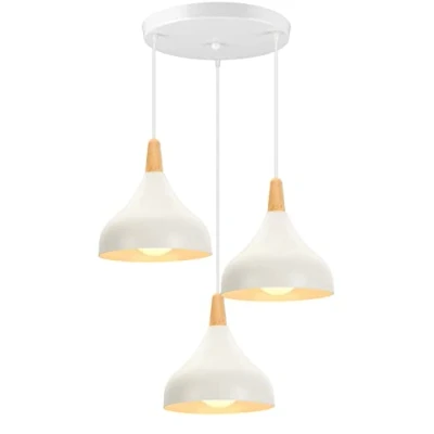 Afbeelding van iDEGU Retro hanglamp 3 lampen moderne druppelstijl hoed plafondlamp E27 metaal hout voor slaapkamer eetkamer keuken Ø 20 cm (wit, rond)