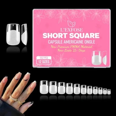 Image de L&#039;Exfose 552 pcs Capsule Americaine Ongle Court Carré 12 Tailles Faux Ongles Carre Hypoallergenique PMMA Capsules Pose for DIY Nail Art &amp; Salons Semi Transparent Acrylique