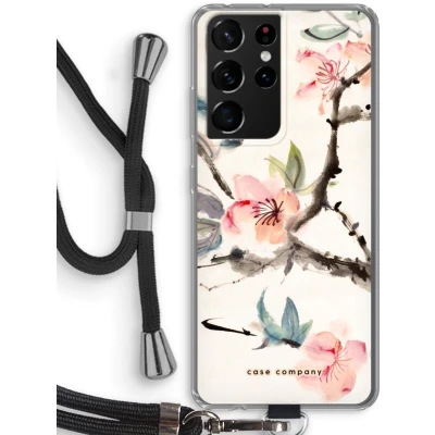 Afbeelding van Case Company® hoesje met Koord geschikt voor Samsung Galaxy S21 Ultra Japanse bloemen Telefoonhoesje Zwart Bescherming aan alle Kanten en Over de Schermrand