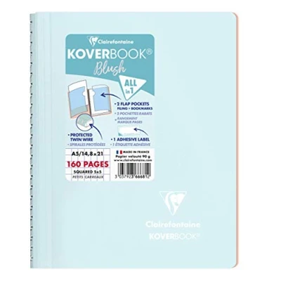 Afbeelding van Clairefontaine 366681C Koverbook Blush spiraalvormig notitieboek, A5, 14,8 x 21 cm, 160 pagina&#039;s, kleine ruitjes, wit papier, 90 g, omslag van polypropyleen, ondoorzichtig, willekeurige kleurkeuze