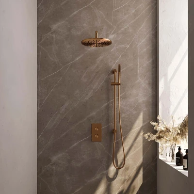 Afbeelding van Brauer Copper Edition Regendoucheset inbouw hoofddouche 30cm Gladde knop handdouche staaf 1 stand glijstang PVD geborsteld koper