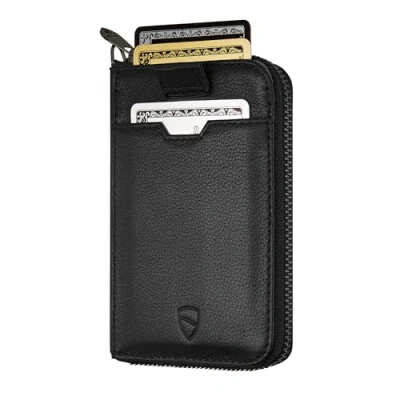 Afbeelding van Vaultskin NOTTING HILL Slim lederen RFID portemonnee met ritssluiting en kaarthouder voor heren, premium dubbele vouwkaarthouder snelle toegangsriem (zwart), Zwart zilver, Minimalistisch