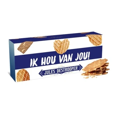 Afbeelding van Jules Destrooper Natuurboterwafels &quot;Ik hou van jou! / Je t&#039;aime!&quot; 2 dozen met Belgische koekjes 100g x