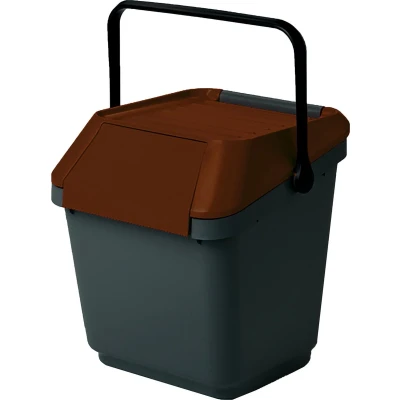 Afbeelding van Afvalemmer stapelbaar 35 liter grijs met bruin deksel Handvat EasyMax