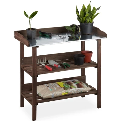 Afbeelding van Relaxdays oppotafel hout plantentafel werktafel tuin metaal tuinwerkbank
