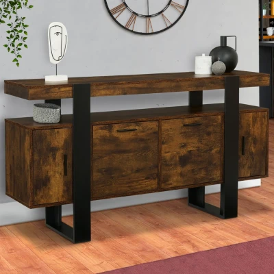 Afbeelding van Buffet PHOENIX 4 portes bois effet vieilli et noir 140 cm