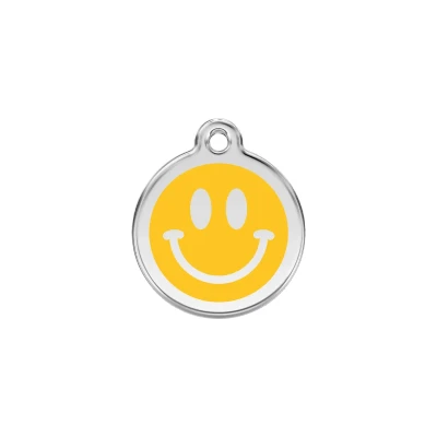 Afbeelding van Smiley Face Yellow roestvrijstalen hondenpenning small/klein dia. 2 cm RedDingo