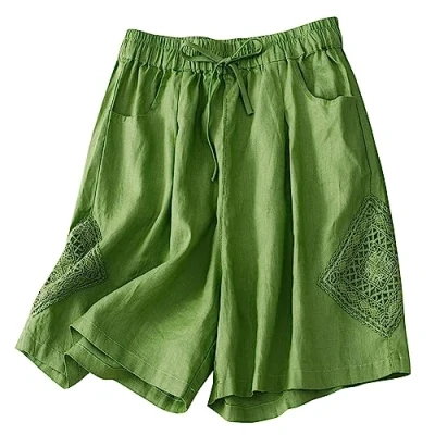 Afbeelding van Runstarshow Linnen bermuda voor dames, hoge taille, elastisch, knielang, met 3 zakken, losse pasvorm, Groen