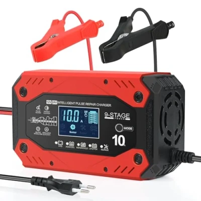 Afbeelding van Weinsamkeit 10 A autolader, 12 V/24 V intelligente autolader met lcd display, geschikt voor auto, vrachtwagen, motorfiets, grasmaaier, bestelwagen, boot