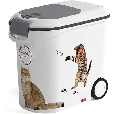 Image de CURVER Conteneur à Croquettes pour Chat 12kg / 35L Grand Rangement Hermétique Anti Odeurs Nourriture Chats Roulettes et Poignées de Déplacement 28 x 49 43 cm Blanc