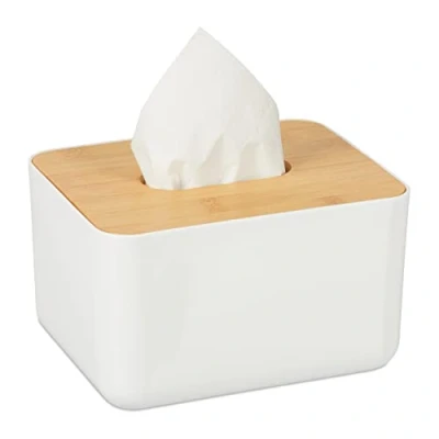 Afbeelding van Relaxdays tissue box tissuehouder doos zakdoekjesdoos bamboe deksel wit