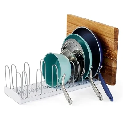 Afbeelding van YouCopia StoreMore Uitschuifbaar rek voor pannen en deksels, verstelbare organizer keukenopslag, 30,5 tot 55,8 cm breed, wit