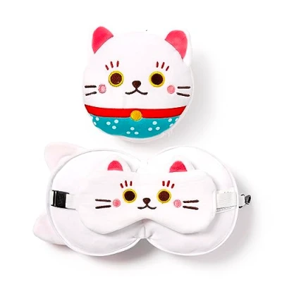 Afbeelding van Reiskussen &amp; Slaapmasker Relaxeazzz Maneki Neko Gelukskat Rond Wit 16x15,5x10,5cm/15,5x28,5x7cm