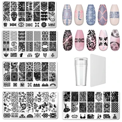 Afbeelding van Encuryna 5 stuks nail art stempelplaten, nagelstempel, nagellak stempelkussen met 1 stempel + schraper, set stempelplaten voor