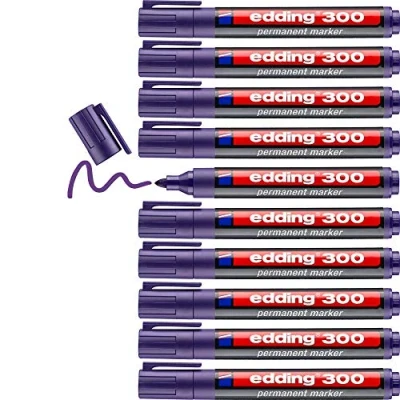 Afbeelding van Edding 300 permanente markeerstiften, lila, 10 stiften, ronde punt 1,5 3 mm, sneldrogend, water en schuurbestendig, voor karton, kunststof, hout, metaal, glas