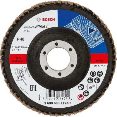 Image de BOSCH 2608603712 disque à lamelles X431 Standard pour métal, diamètre 115 mm, grain 40, type droit