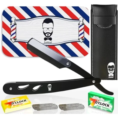 Afbeelding van Sakkal 20 stuks kappersscheerapparaat met leren etui voor heren, klassieke precisiescheerset, zwart