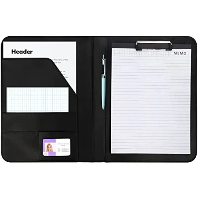Afbeelding van Kurtzy A4 Zwarte Conferentiemap van Kunstleer Klapbare Zakelijke Kantoorwerk Portfolio Organizer Portfoliomap met Zak Document CV Bestand, Kaarthouder, Klembord en Memo Schrijfblok