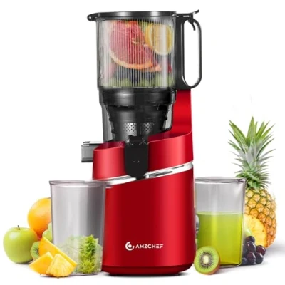 Afbeelding van AMZCHEF Automatische alles in één sapcentrifuge, 250 W, opening van 135 mm en 1,8 liter sapcentrifuge voor groenten fruit, Slow Juicer met drievoudig filter, dieprood