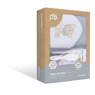 Afbeelding van Interbaby Badcape 400 g/m² katoen badstof + borstel/kam model Love You grijs 100 x cm