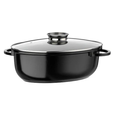 Afbeelding van GSW 410588 Gourmet Ceramica XXL ovale inductiekookplaat met deksel van aromatisch glas 42 x 27 cm/ca. 10,0 liter, gegoten aluminium, zwart