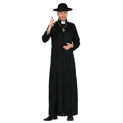 Afbeelding van FIESTAS GUIRCA Luxe priesterkostuum voor heren, priesterjurk, zwart, priesterjurk met priesterkraag, spirituele maat L 52 54