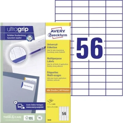 Afbeelding van Avery Zweckform 3668, Universele etiketten, Ultragrip, wit, 100 vel, 56 per 52,5 x 21,2 mm etiket