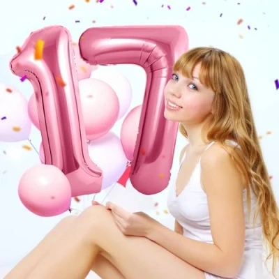 Afbeelding van Ballonnen verjaardag 17 roze 100 cm ballon cijfer 17, nummer Happy Birthday decoratie, ballonnen, verjaardagsfeest, jaren vliegen dankzij helium