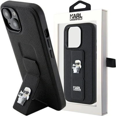 Afbeelding van Karl Lagerfeld Gripstand Saffiano Karl&amp;Choupette Pins hoesje voor iPhone 15 zwart