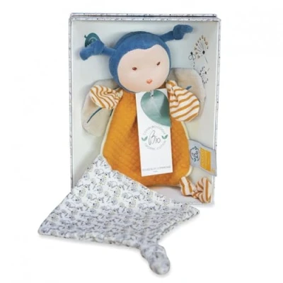 Afbeelding van Doudou et Compagnie knuffeldier fopspeen bij pollen van biologisch katoen geel geschenkdoos 17 cm cadeau idee voor geboorte meisjes en jongens garantie verloren DC3847