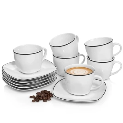 Afbeelding van Sänger Premium Collection Bilgola Black Rim Set van 12 porseleinen koffiekopjes voor 6 personen met schoteltjes, wit zwarte accenten, 175 ml