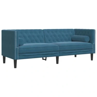 Image de vidaXL Canapé Chesterfield avec traversins 3 places bleu velours372701