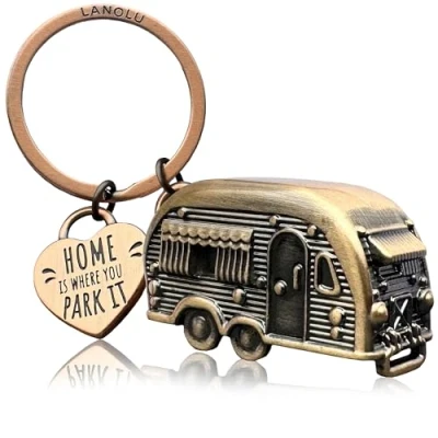 Afbeelding van LANOLU caravan sleutelhanger, camper, cadeau voor camping en kampeerders, 3D hanger, accessoires van metaal, Vintage koper