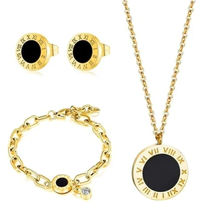 Afbeelding van RPAEOY Sieradenset voor dames, Romeinse cijfers, zirkonia, Roestvrij staal, verguld, verzilverd, oorbellen, armband, halsketting, elegant, bruiloft, avond, cadeau, staal