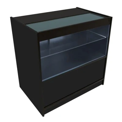 Afbeelding van Comptoir de Vente en MDF Noir LED Blancs Intégrés C900 3 Étagères Portes Coulissantes Verouillables Rangement Commerciale Vitrine Verre Acceuil Réception Bureau Vêtements Bijoux [2 Clés INCLUS]