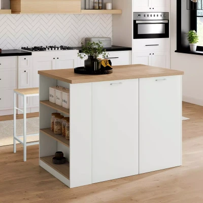 Afbeelding van Ilot central TIBO 120 cm bois blanc avec plan de travail façon hêtre