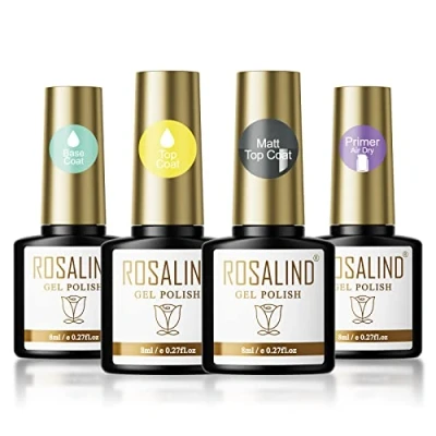 Afbeelding van ROSALIND Base en Top Coat Semi Permanente Nagellak met Primer Glanzend Mat, UV LED Soak Off 8 ml 4 stuks, Voor Nageltekeningen