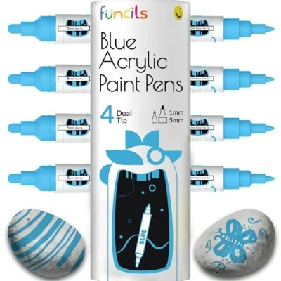 Afbeelding van Set van 4 metallic blauwe verfstiften met dubbele fijne en middelgrote punt voor metaal, hout, steenschilderij, canvas, keramiek, glas, stof, folie kunststof, inkt op waterbasis