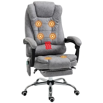 Afbeelding van Vinsetto bureaustoel, massage, verwarmd, ergonomisch, in hoogte verstelbaar, rugleuning kantelbaar, microvezeldoek, grijs