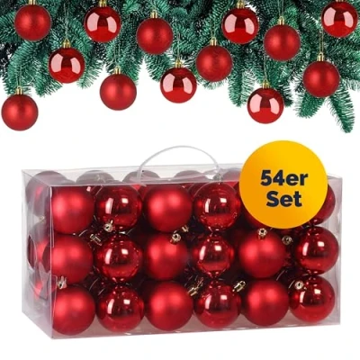 Afbeelding van Deuba® Set van 54 kerstballen met een diameter 6 cm, kunststof mat glanzend, kerstdecoratie, rood