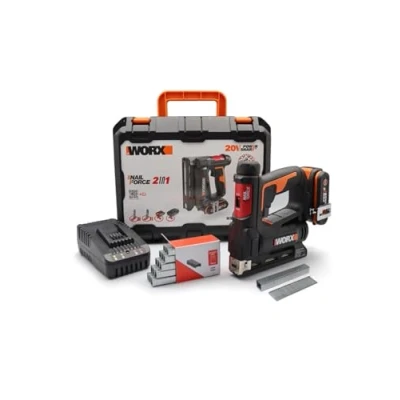 Afbeelding van WORX NailForce WX843 20V nagel en nietmachine voor nagels tot 15 mm 10 eenvoudig opladen met oplader compatibel Powershare incl. accu, etui