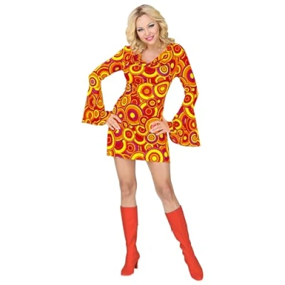Afbeelding van Widmann Hippie Kostuum Oranje Blauwe Bellen Bubbels Jaren 70 Vrouw Medium Carnavalskleding Verkleedkleding