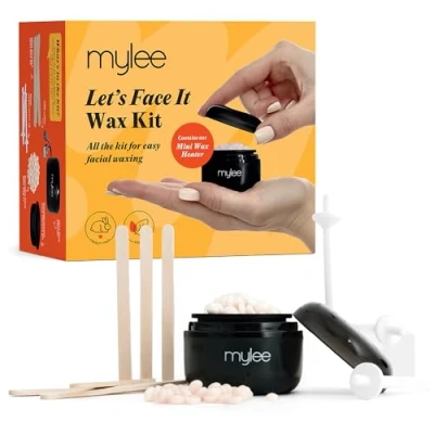 Afbeelding van Mylee Let&#039;s Face It Waxset, gezichtsontharingsset met mini USB waxverwarmer, 50 g waskralen (perzik en kamille), ontharingsspatels, waxapplicatoren voor oren neus
