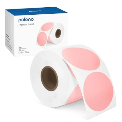 Afbeelding van POLONO Directe thermische etiketten, 50 mm, gekleurde cirkels, stickers voor adres en verzending, etiketten doe het zelf logo, code, naam, inventaris (750 roze)
