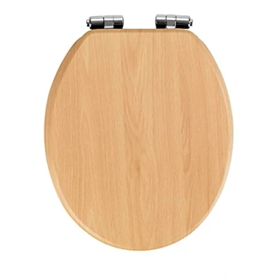 Afbeelding van WENKO wc bril Buche Natur met softclosemechanisme, valrem, roestvrijstalen bevestiging, eenvoudige installatie, wandpad, design beukenhout, MDF, 35,5 x 42,5 cm, hout