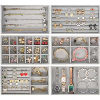 Afbeelding van SaiXuan Set van 6 sieradendienbladen, sieradenorganizer, lade en make uptafel, voor ringen, oorbellen, halskettingen, armbanden, fluweel (lichtgrijs)