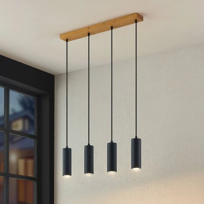 Afbeelding van Lindby hanglamp 4lichts ijzer, rubberhout H: 18 cm GU10 licht hout, zwart